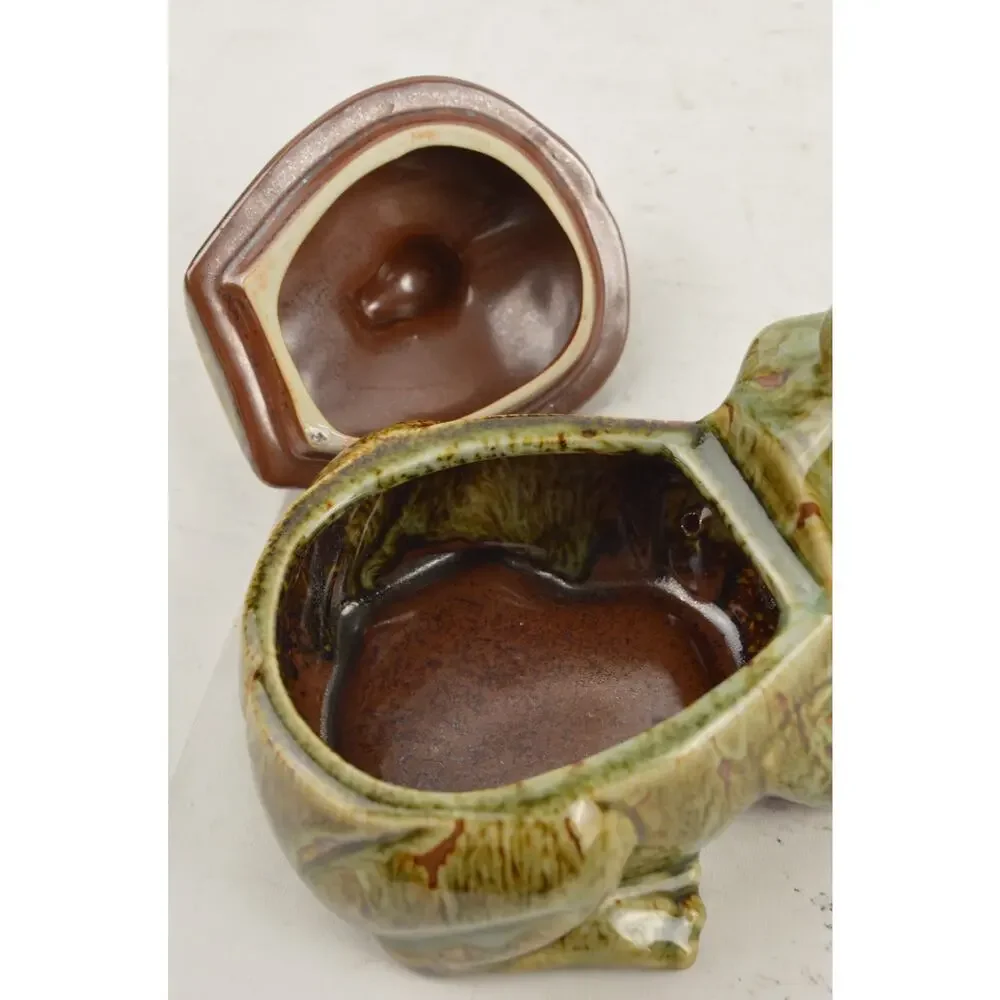 Frog Ceramic Tea Condiment Set x4 Lidded Bowl Sugar Creamer Green Glazed Pottery